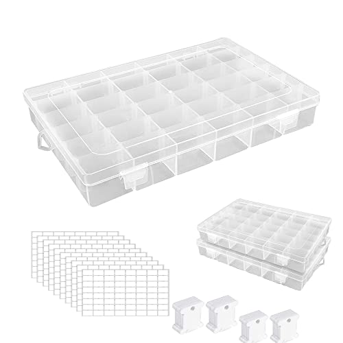 AZKEEGREY 2 Stück Stickgarn Aufbewahrung mit 36 Raster, Kunststoff Aufbewahrungsbox, Aufbewahrungsbox mit 200 Stück Plastikseide Stickgarn Karten, 8 Leere Aufkleber für Basteln Nähen