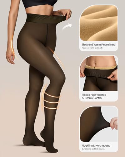 OEAK Womens 2 Pairs Fleece Lined Tights Leggings Sheer Fake Translucent Pantyhose Tights Thermal High Waisted Footed Leggings Black S/M 300g2
