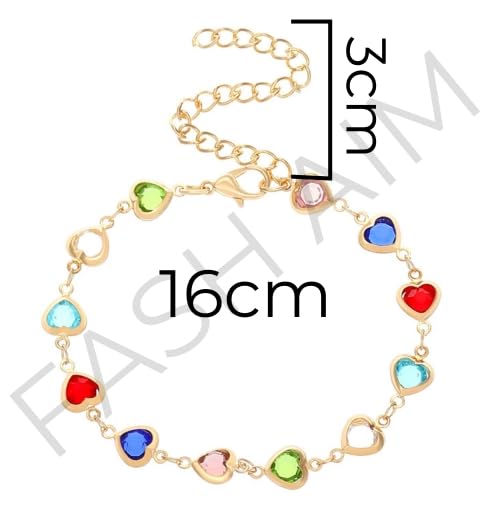 Gold Plated Heart Colorful Charm Bracelet, Clover Bracelet, 12 Synthetic Gemstones,Dainty Jewelry for Women, lightweight & comfortable, Use at Any Occasion,1 Count4