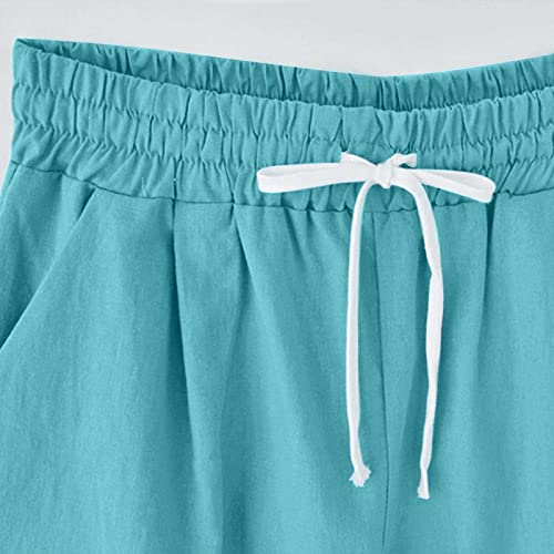 Calça capri feminina casual de verão com cordão e cintura elástica relaxada na altura do joelho com
