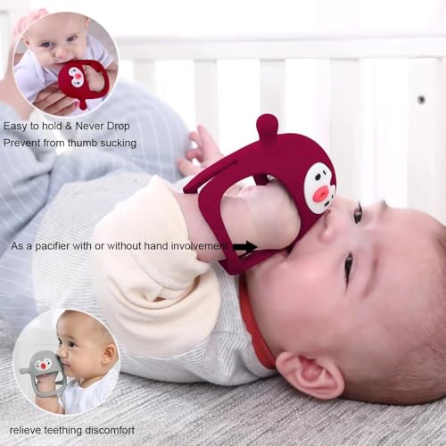 Image of Penguin Buddy Never Drop Silicone Baby Teething Toy for 0-6month Infants, Baby Chew Toys for Teething Pain Relief, Hand Teether for 3-6Months,Gum Massager for Babies (Red)