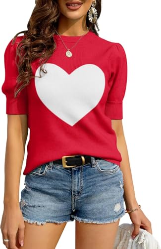 Bodosalia Heart Sweater for Women Puff Short Sleeve Pullover Tops Casual Summer Crew Neck Ribbed Knit Sweater Blouse