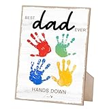 Hands Down Best Dad Ever Handprint Art Wooden Sign with Stand and Hook, DIY My 1st Father Day Crafts Keepsake, 9x12 Inch Personalized Gifts for Dad Daddy from Wife Daughter & Son