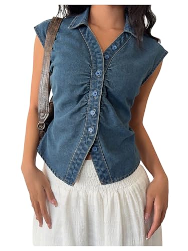 WDIRARA Women's Button Down Denim Vest Top Ruched Cap Sleeve Collar Jean Top