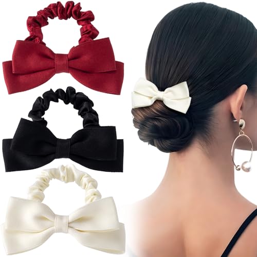 Mxxipp 3pcs Bow Hair Scrunchie for Women Elastic Ribbon Bow Hair Ties Bowknot Ponytail Holders Hair Accessories for Thick Thin Curly Straight Long Hair- Black & Red & White