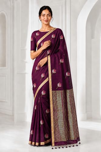Image of Women's Kosa Linen Floral Motif Design with Unstitched Blouse Piece