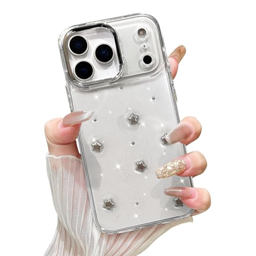 EYZUTAK Funda para iPhone 17 Pro Max, Funda de teléfono de 3D con estrellas brillantes, diseño de cristales brillantes agradable, diseño estético de estrellas transparentes, funda protectora delgada