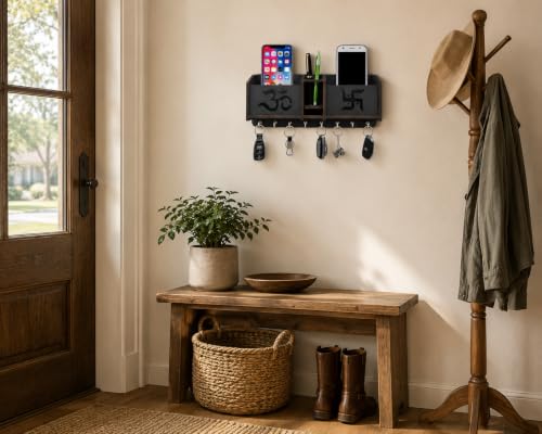 Image of Wooden Om Design TV Remote Mobile Stand Key and Pen Holder for Home, Office, Hall, Living Room Pocket Pen Special Designer Home Furnishing Two Box Wall Mounted Wall Keys Holder