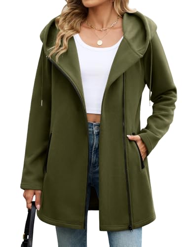 Vancavoo Sudaderas Mujer Cremallera Chaquetas con Capucha Asimetría Hoodie Polar Abrigo Casual Outwear Primavera y Otoño,Verde Militar,XXL