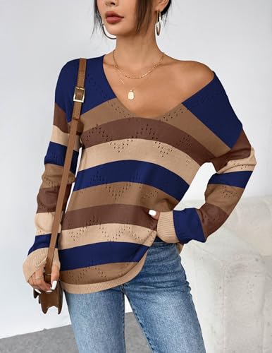 Image of Zeagoo Womens Sweaters Fall Trendy Casual Long Sleeve Shirt Lightweight V Neck Off Shoulder Crochet Pullover Top Outfit
