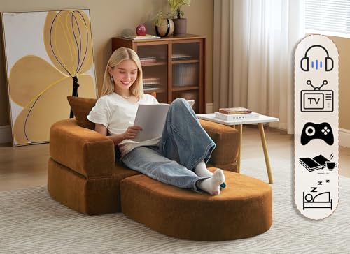 Folding Sofa Bed Chair, 2 in 1 Convertible Sofa to Lounger, High Density Foam Single Floor Sleeper Chair for Living Room, Apartment, Dorm, Small Spaces, Chenille Fabric and Wide Armrest, Orange