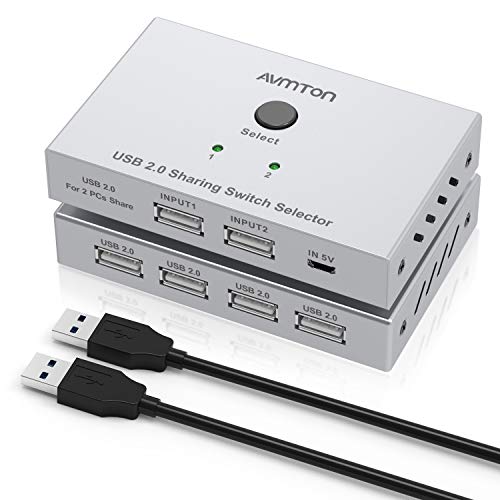 AVMTON Metall 4 Ports USB 2.0 Switch Selector USB Switch 2 PC USB Switch 2 in 4 Out USB Switch mit 2 USB Kabeln für Drucker, Scanner, Tastaturen, USB-Sticks, Festplatten, Maus usw. (USB 2.0) Cover