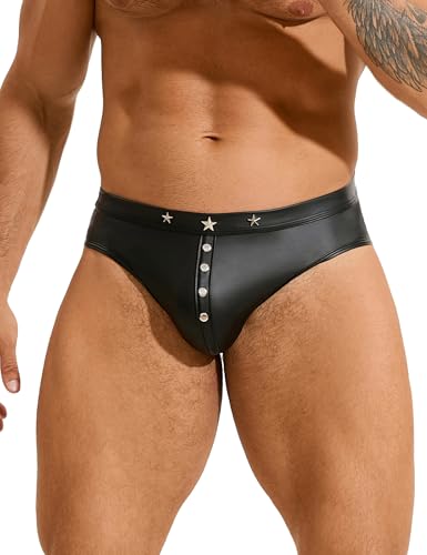 Men's Faux Leather Underwear Low Rise Brief Sexy Gay Lingerie for Men Plus Size Black S-2XL