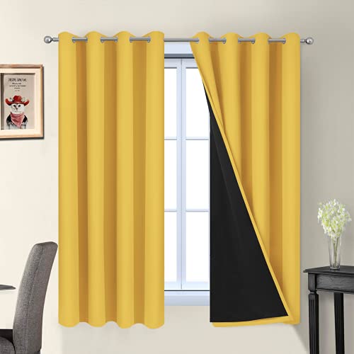 Image of Yakamok Mustard Yellow Blackout Curtains Panels 63 Inches Long, 52 inch Wide | Blackout Curtain Panels for Bedroom, 2 Thick Layers Grommet Top Thermal Insulated Drapes with Black Liner for Living Room