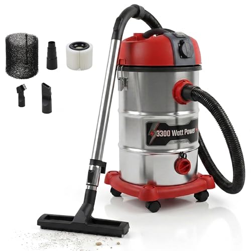 STAHLMANN VAC3300 Aspirateur industriel - Réservoir de 30 l - Prise intégrée - Puissant 3300 W - Avec et sans sac - Fonction soufflage - Connexion machine - Appareil...