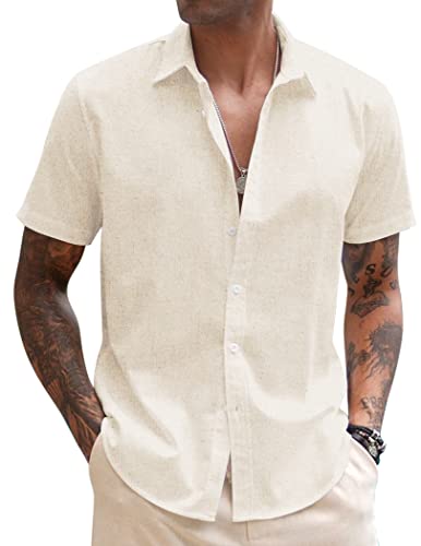 COOFANDY Leinen Hemden Herren Kurzarm Sommerhemd Regular Fit Buissness Hemd Strand Freizeithemd Basic Shirt Creme Farben M