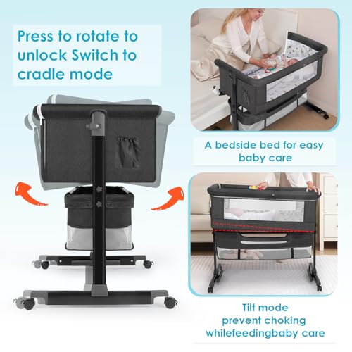 Baby Bassinet, Baby Basinet Bedside Sleeper, Easy to Fold Portable Crib Side Bassinet 2025new Style Girl/boy bassinets (Dark Gray)