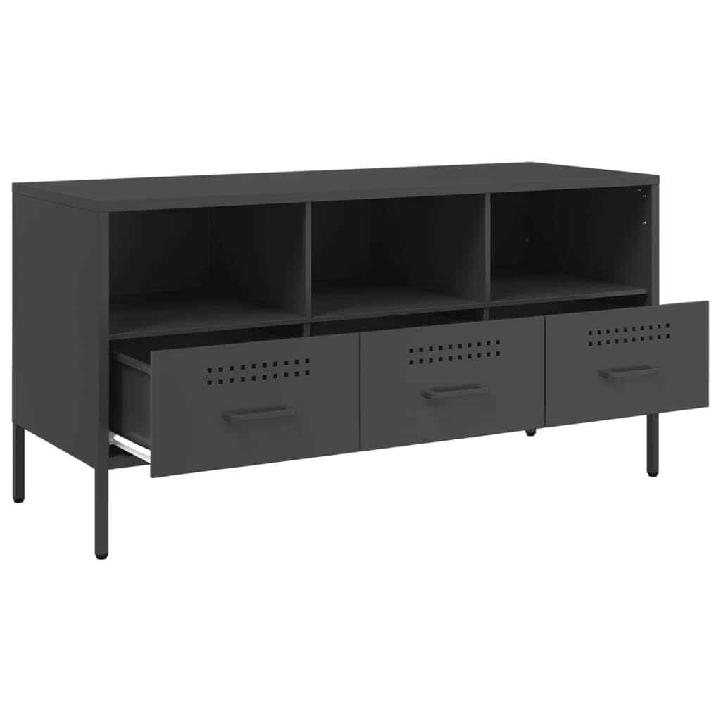 Genérico Mueble TV Negro 100,5x39x50,5 cm Acero | Estilo industrial, 4 patas ajustables, almacenamiento para revistas y DVD, montaje en pared incluido