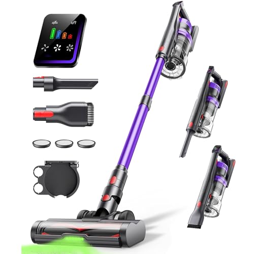 Powerffy Aspirapolvere a batteria, 550 W/45000 Pa, senza fili, 60 minuti, ultra silenzioso, aspirapolvere ultra leggero, con spazzola anti-tangle, per tappeti/pavimenti duri/peli di animali domestici