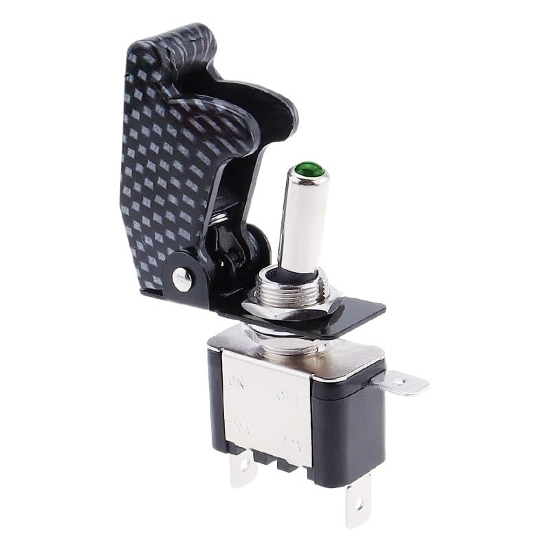 SCRUBY 12V 20A Auto Car Boat Truck Illuminated Led Toggle Switch with Safety Aircraft Flip Up Cover Guard Red Blue Green Yellow White(Carbon Cap Green LED)