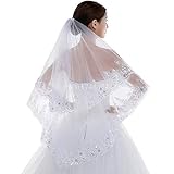 WDING 2 Tier Lace Sequins Appliqued Edge Bridal Wedding Veil Fingertip Length 35