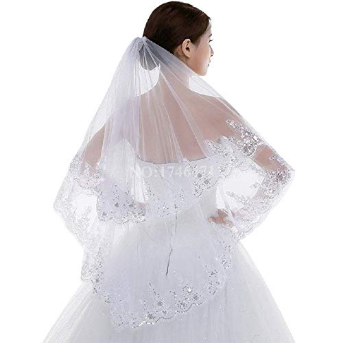 WDING 2 Tier Lace Sequins Appliqued Edge Bridal Wedding Veil Fingertip Length 35
