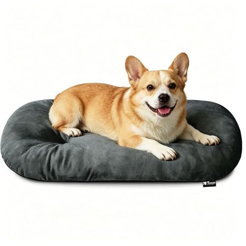 Image of Washable Oval Medium Dog Bed, Silver-Tipped High-Resilience, Dark Gray | Non-Slip Bottom Prevents Sliding, Soft Plush Short Fur, Machine Washable, Ideal for Crates /Apartments /Cozy Nooks,29 inchx18 inchx2.8 inch