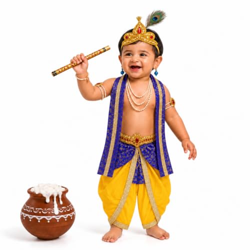 Image of ITSMYCOSTUME Krishna Dress for Baby Boy Kids Set of 10(Dhoti,Patka,Hip Cover,Mukut,Morpankh,Bansuri,Kamarband,Bajuband,Kundal) Little Krishna Ji Kanha Janmasthmi Costume for Kids