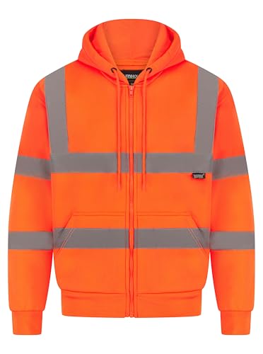 LABEL APPAREL Mens Hi Vis Hoodie Grey High Visibility Reflective Tape Zipper Workwears Long Sleeve Zipped Hoody Tops Fleece Sweatshirts Utility & Safety Jumper Pullover Orange 5XL