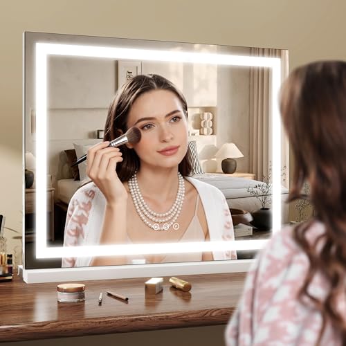 Image of ROLOVE 23x18 Inch Lighted Vanity Mirror, 3-Color Dimmable LED & Touch Control - Large Makeup Mirror for Dressing Room (Wall /Tabletop Mount)