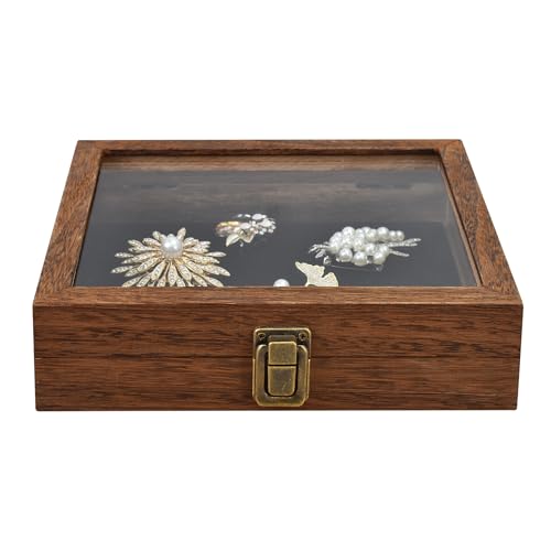MOOCA Tempered-Glass Top Small Wooden Jewelry Display Case with Removable Black Luxurious Velvet Jewelry Display Pad, Deeper 2.2" Design for Collectibles, Brown Color.