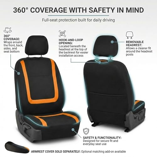 Image of FH Group Car Seat Covers Full Set Cloth - Universal Fit Automotive Seat Covers, Low Back Front Seat Covers, Solid Back Seat Cover, Washable Car Seat Cover for SUV, Sedan and Van Orange
