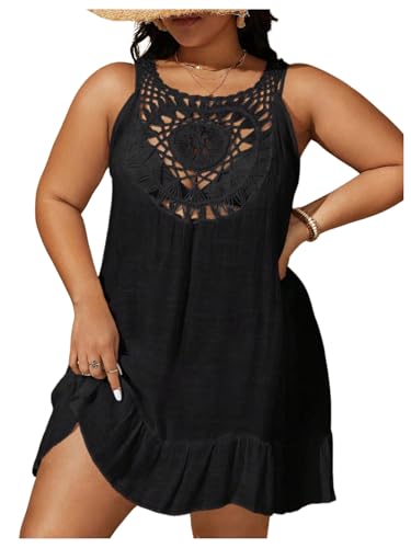 Women's Plus Size Crochet Swimsuit Cover Up Dress Hollow Out Ruffle Hem Bathing Suit Cover Ups Beach Outfits
