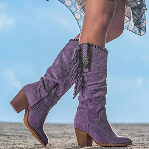 OMEARK Women's Cowboy Tall Boots, Fashion Round Toe High Heel Long Boots with Fringe, Winter Suede Wide Calf Western Cowboy Boots Side Zipper Thick Heels Biker Boots for Ladies2