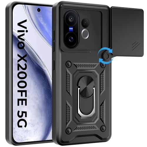 Image of A rtistque Armor Bumper Back Case Cover for Vivo X200 Fe 5G | Stylish Ring Holder & Inbuilt Stand | Sliding Camera Cover | Shockproof TPU Protective Design | Vivo X200 Fe Back Cover - Black