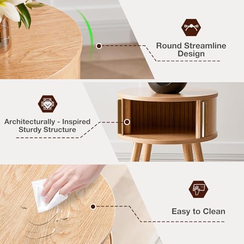 Image of Round Side Table with Sliding Doors, Modern End Table, Natural | 15.7 inchD x 20.5 inchH, Wood tapered legs, 33 lb capacity, ~30 min assembly