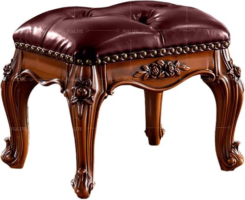 Reposapiés tapizado de cuero, otomana pequeña de mediados de siglo para sala de estar y dormitorio, taburete tallado vintage con base de roble macizo, comodidad acolchada
