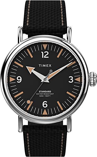 Timex Relógio masculino padrão de 40 mm, preto/preto/prateado, One Size, Relógio combo de couro padrão de 40 mm com 3 ponteiros