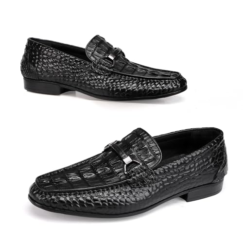 Golden COXES Formal Mens Leather Dress Shoes, Classic Alligator Ostrich Pattern Slip On Buckle Loafers Business Shoes Party Wedding Leather Loafers for Mens, Black3
