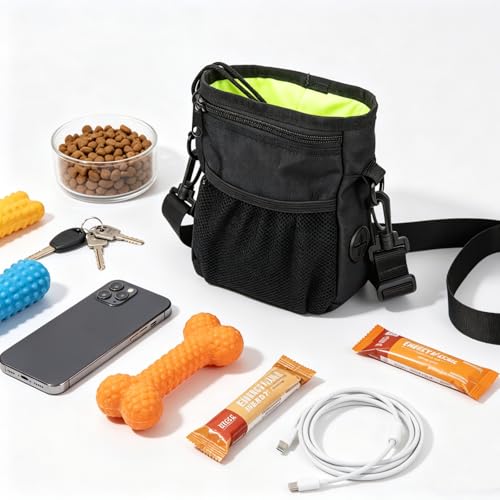 HANWELL Futterbeutel für Hunde Leckerlies, Hundeleckerlitasche mit Poop Spender-Verstellbarer Taillen/Schulterriemen, Mehrfachtaschen für Tragende Hunde Kibble und Spielzeug - Wasserdichtes, Schwarz