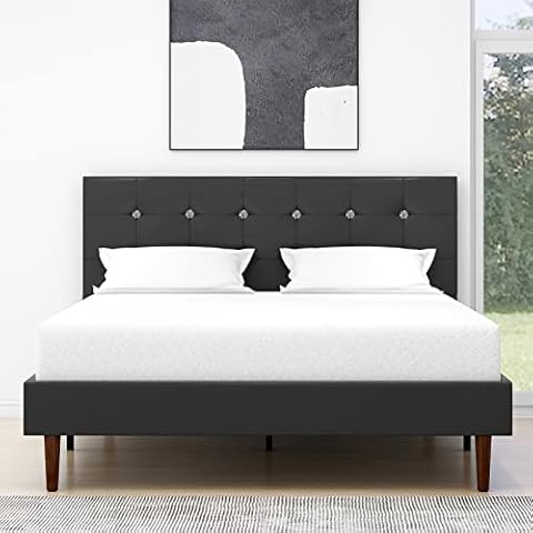 Yegee Marco de Cama de Plataforma de Piel Sintética con Cabecero de Cristal (Negro, Queen) Cover