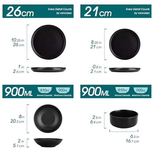 Geschirrset 6 Personen, vancasso PLAYA Steingut Geschirr set 24tlg für 6 Personen, Schwarz Tafelservice mit Teller set, Suppenteller set, Schalen & Salattellern, Spülmaschinenfest, Mikrowellengeeignet – Bild 2
