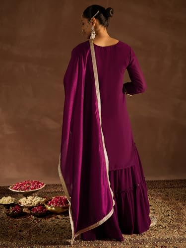 Image of INDO ERA Women's Embroidered Georgette Knee Length Straight Kurta & Sharara With Dupatta Set (SHTUR7823)
