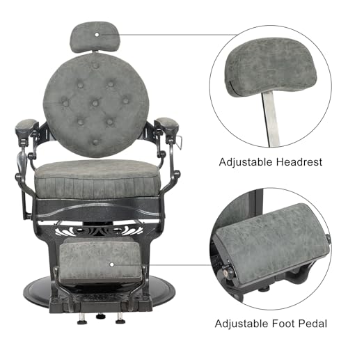Winado Heavy Duty Vintage Recline Barber Chair Hydraulic with Headrest, Supports up to 700lbs & 360° Rotatable, Professional Salon Beauty Spa Shampoo Equipment (Grey - Button Style)