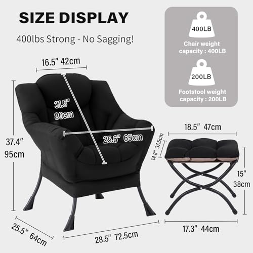 Image of Tiita Lazy Chair with Ottoman, Black Modern Large Accent Chair, Comfy Leisure Sofa Armchair with Ottoman, Reading Chair with Footrest for Bedroom, Living Room, Dorm Rooms, Black