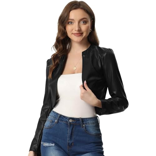 Allegra K Faux Leather Jacket for Women's Open Front Long Sleeve PU Cropped Leather Jacket Coat Small Black