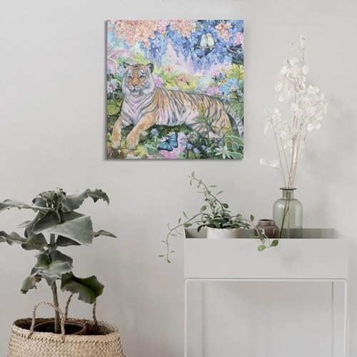 Tableau tigre dans les fleurs 50x50 cm déco murale toile - 4