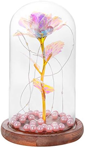 GloBrite Colorful Gold Foil Galaxy Enchanted Rose with LED Lights Pine Base in Glass Dome - Romantic Home Decor for Christmas Gift, Wedding, Anniversary, Mother's Day, Birthday