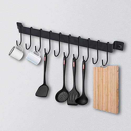 Joben Oligey Utensil Holder, Kitchen Rail With 10 Hooks, Kitchen Pots Pans Organizer Hanger, Wall Mounted Wrought Iron Hanging Utensil Holder Rack With Black 17 Inch For Coffee Mug Rack Cup Hanging Kitchen Black thumb #2