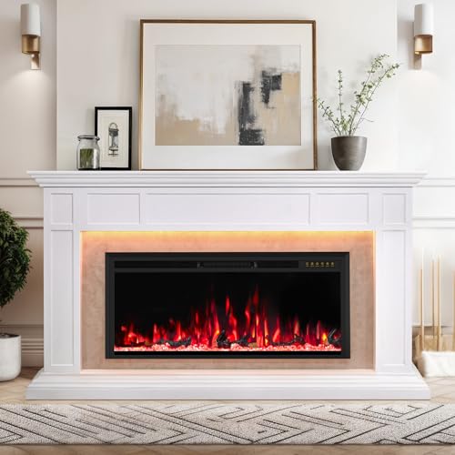 Electric Fireplace Mantel with Grey Marble Finish, 69” Fireplace TV Stand with 42”Electric Fireplace Heater, Remote Control, Adjustable Led Flame, Corner Fireplace for Living Room, Bedroom, White